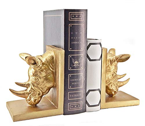 Bellaa 21800 Decorative Bookend The Cool Rinocer Retro Book Ends Industrial Rustic Vintage Style Rhino Golden Statues Bookshelves Home Decor 7 Inch #TOP2
