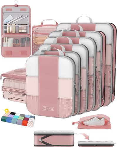 Image of OlarHike 10-Pack Compression Packing Cubes for Travel Essentials,Compressible Expandable Packing Cubes for Suitcase,Luggage Garment Bags for Travel,Handy Helper for Organizing Clothes(Light Coral)