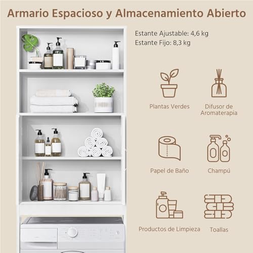 Yaheetech Mueble sobre Inodoro 72x20x195 cm con Estante Ajustable y 2 Puertas Armario para el Inodoro Almacenamiento sobre el Inodoro WC Mueble para Baño - imagen 6