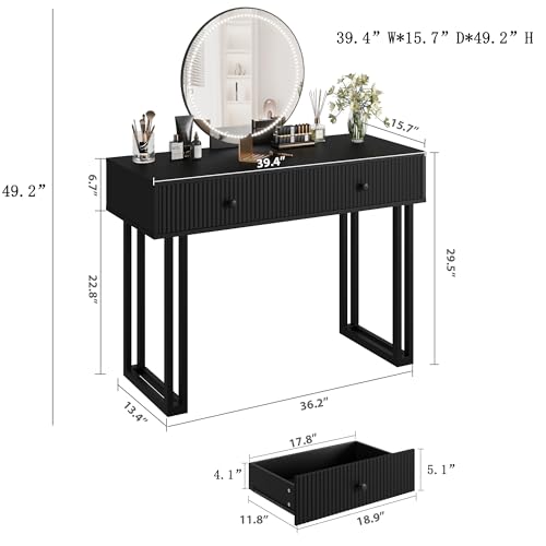 Black Vanity Desk with Mirror and Lights, Small Makeup Vanity with 2 Drawers, Modern Vanity Organizer with 3 Color Lights&Adjustable Brightness, Dressing Table for Bedroom
