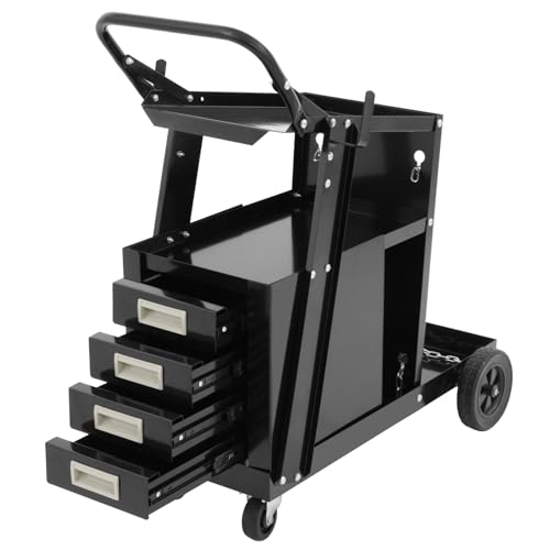Chariot de Soudage Mobile 4 Tiroirs - 111kg Charge Max, 3 Niveaux + Plateau Inclinable, Roues 360° et Chaînes Sécurité - pour Poste à Souder MIG/MAG, Découpeur Plasma, Atelier