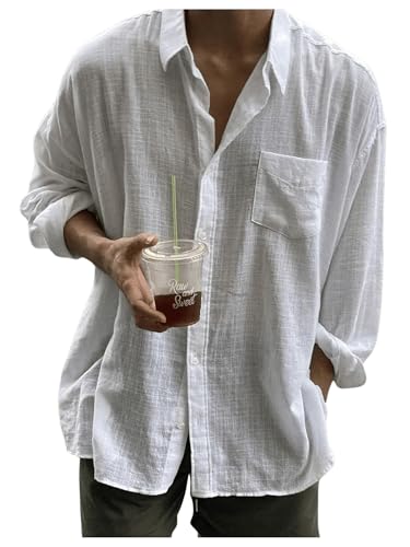 Men's Linen Shirt Button Down Shirt Long Sleeve Shirt with Pocket Collar Neck Summer Beach Shirts