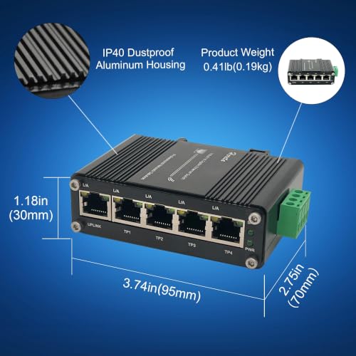 Image of Mini Industrial 5 Port Gigabit Switch Ethernet Switch,Unmanaged Network Switch Ethernet Hub with 5 x RJ45 Port 10 /100 /1000Mbps,12~48VDC,Din-Rail, Wall Mountable
