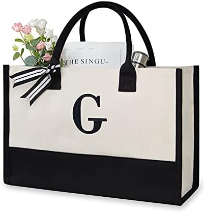 Personalized Initial Canvas Beach Bag, Monogrammed Gift Tote Bag for Women