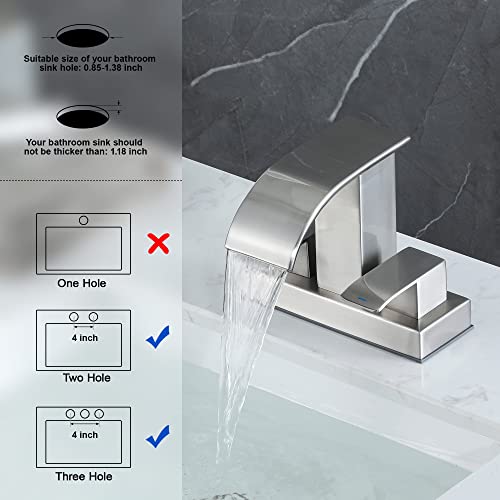 𝟮𝟬𝟮𝟯 𝗡𝗲𝘄 Waterfall Bathroom Faucet - 2 Handle 4 Inch Centerset Faucet For Lavatory Bathroom Sink, With Cupc Faucet Supply Line Hoses For Bathroom Restroom Vanity Lavatory, Brushed Nickel #TOP3