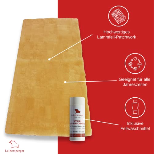Bettfell/Bettauflage aus bestem Lammfell Patchwork inkl. Spezial-Waschmittel 200 ml – 150x70 cm– Atmungsaktiv – Gemütlich und wärmend – Temperaturausgleichend – Einfach zu pflegen und zu waschen