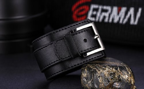 JewelryWe bransoletka męska duży duży mankiet punk rock skórzany fantazyjny stop dla mężczyzn kolor czarny długość łańcuszka 11" z torbą na prezent, One Size, Stop/skóra, sans_pierre