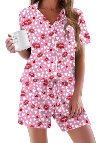 Image of Ekouaer Pajamas Set for Women Short Sleeve Sleepwear Button Down Pjs Soft 2 Piece Lounge Sets XS-XXXL