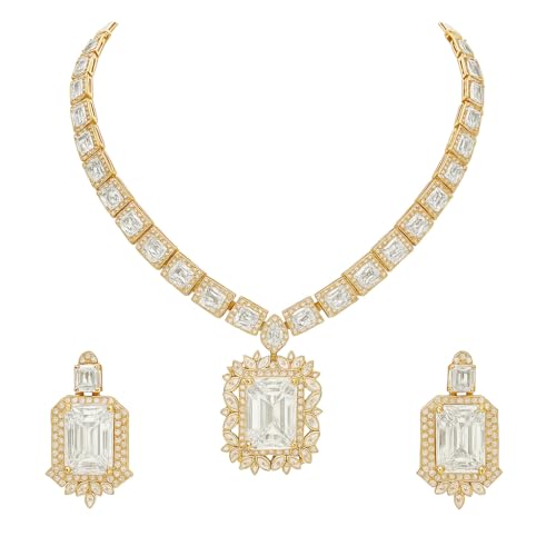 Image of I Jewels Gold Plated Stylish Design Crystal Diamond Necklace & Earrings Jewellery Set for Women