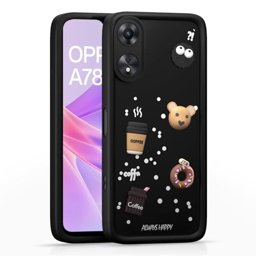 Image of Bintage Cute Fun Taddy Cartoon 3D Ball Milk Donut Coffee Cup Silicone Case Full Body & Camera Protection Back Cover Compatible for Oppo A78 4G - Black
