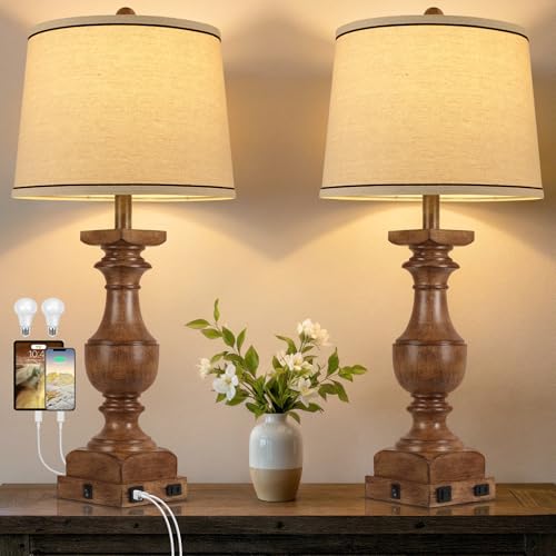 28'' Wood Grain Resin Table Lamp Set of 2,Nightstand Lamp with USB Port