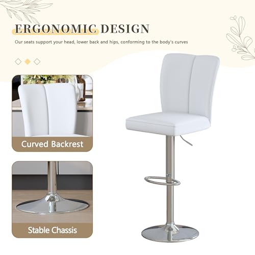 Image of Swivel Bar Stools Set of 2 - White Barstools with Back,Adjustable Counter Height Bar Stools with Sturdy Metal Legs,Leather Counter Height Stools Ideal for Kitchen Island Pub(25''-33''H)