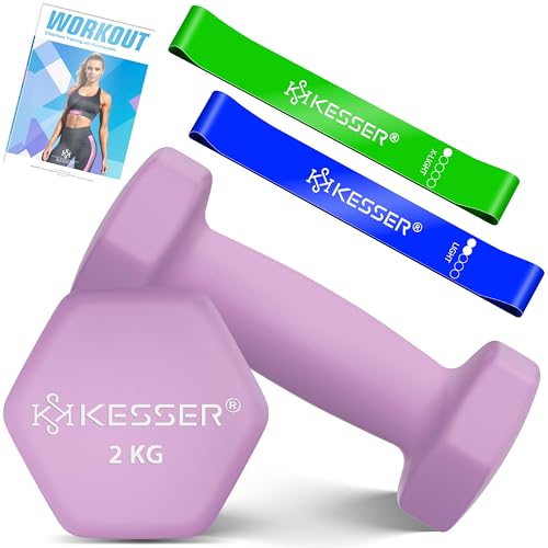 KESSER® Juego de 2 mancuernas de 2 kg – 5 kg, neopreno, hexágono, entrenamiento de fuerza, entrenamiento, fitness, para casa con cuaderno de ejercicios, 2 bandas de fitness