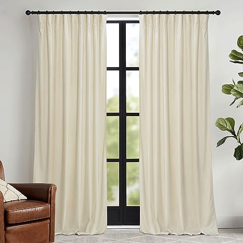 Image of RYB HOME Beige Velvet Curtains 96 inches - Rod Pocket & Back Tab Boho Window Panels Privacy Theraml Insulted Drapes for Bedroom Bathroom, W52 x L96, 2 Panels Set | Room Darkening, Thermal Insulated, Pleat Tape on Top, Heavy Duty Plush, Dining Room Sliding Patio Door, W52 x L96, 2 Panels