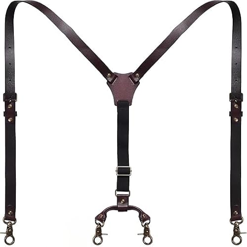 Genuine Leather Suspenders for Men, Heavy Duty Y Back Design Adjustable Suspender with Elastic Straps,Vintage Mens Suspenders Braces, Groomsmen Gift Wedding,2 Types of Back Metal Clips, Brown
