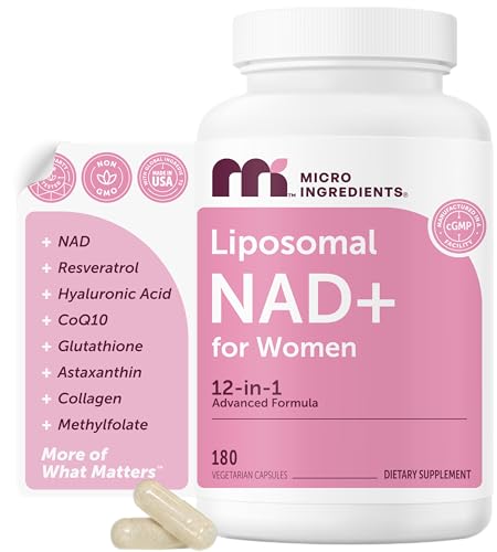 Liposomal NAD+ for Women Complex, 180 Veggie Capsules | 12-in-1 Advanced NAD Formula with Resveratrol, Hyaluronic Acid, Glutathione, & Collagen | NMN Pathway Supplement