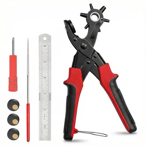 Agujeros Cinturon, Sacabocados para Cuero, 6 Tamaños de Agujeros Redondos 2-4.5mm, Maquina Hacer Agujeros Cinturones con Palanca y Mango Antideslizante, para Cinturones, Correas, Cuero, Tarjetas y Más