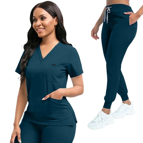 YEZEX Scrubs for Women Set, Women’s V-Neck Top & Jogger Scrub Pants, Nursing Uniform for $25.99 at Amazon