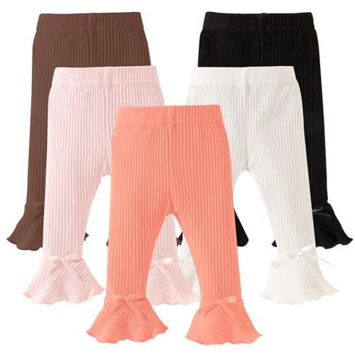 Image of DREAM BUS 5 Pack Baby Pants Toddler Girl Ribbed Ruffle Bell Bottoms Toddler Leggings Baby Boy Pants Newborn Girl Flare Pants