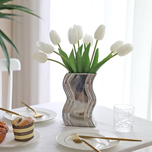 Dallisten 10Pcs White Artificial Tulips Silk Flowers, Long Stem And Green Leaves, Fake Flowers Decoration For Vase, Wedding, Party, Kitchen, Office, Home, Bedroom, Table Centerpiece Decor #TOP6