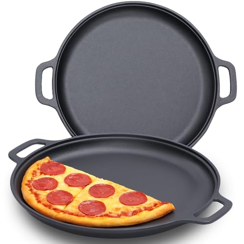 GRILL DEPOTS Cast Iron Pizza Pan – 12 Inch Skillet with Handles, Baking Stone Alternative for Oven, Stovetop, Grill & Campfire, Even Heating, Durable Crepe Pan, Comal for Tortillas, Dosa Tawa