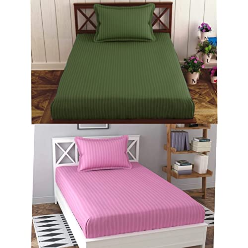 Image of Prime Collection 295 TC Combo Pack of 2 Single Sized (90x60) Satin Striped Bedsheet with 2 Pillow Cover Long Lasting Single Bedsheet for Hotel, Hospital and Home Use