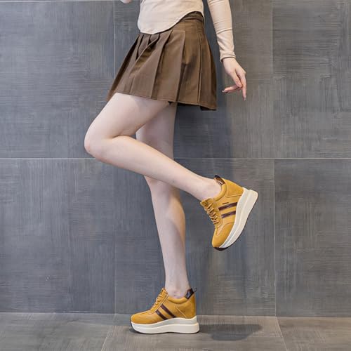 Image of Platform Sneakers for Women High Hidden Heel Wedge Sneakers Fashion Leather Chunky Lace up Wedge Tennis Shoes Increasing 3.94 inch