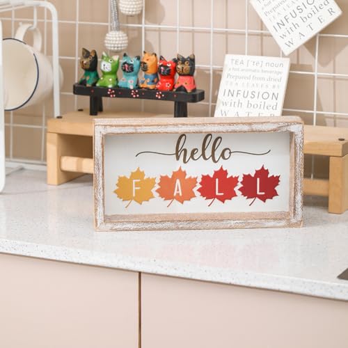 Image of Embossed Hello Fall Sign, Farmhouse Fall Decorations for Home, Modern Autumn Home Decor Indoor, Wooden Thanksgiving Tiered Tray Decor for Table Shelf Cubicle Desk Mantel