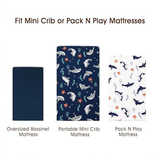 Image of PHF 3 Pack Soft Mini Crib Sheets, Shark Pack N Play Sheets for Baby Boys, No Slip Universal Fit for Pack N Play, Playard, Portable and Mini Crib Mattresses, Shark