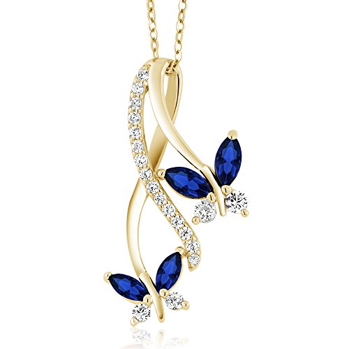 Gem Stone King 18K Yellow Gold Plated Silver Marquise Blue Created Sapphire Butterfly Pendant Necklace For Women (1.21 Cttw, with 18 inch Chain)