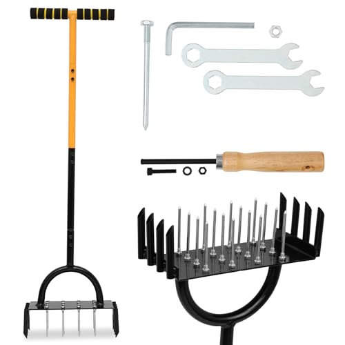 2-in-1 Lawn Aerator Tool, Multifunctional Carbon Steel Aeration Tool for Lawn , Manual Lawn Air Aerator Tool with 24 Spikes, Grass Aerator for Lawn for Compacted Soil, Garden Tool Lawn Core Aerator