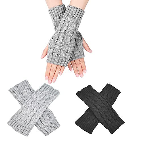skytowards 2 Pares Guantes de Punto sin Dedos Mitones Manoplas de Punto de Invierno Guantes de Punto de Mitad Calentadores de Muñecas Guantes de Medio Dedo para Hombres y Mujeres (Negro y Gris) Cover