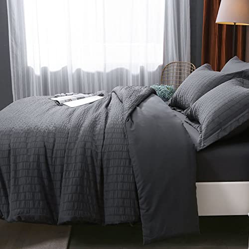 Hymokege Duvet Cover Queen 3 Pieces, Dark Grey Seersucker Duvet Cover Set, Luxury Soft Brushed Microfiber Bedding Set With 1 Comforter Cover & 2 Pillow Shams, 90X90 Inch #TOP4