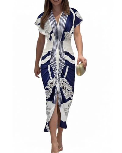 CHICME Summer Dresses for Women Floral Print Plunge V Neck Midi Dress Casual Ruched Slit Bodycon Party Dress Blue-XXL