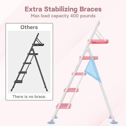 Image of BONTEC 4-Step Ladder, Folding Step Stool with Tool Platform, Wide Anti-Slip Pedals, Max Load Capacity 400lbs Sturdy Steel Ladder, Lightweight Portable Ladder, Tall Step Ladder for House Use, Pink
