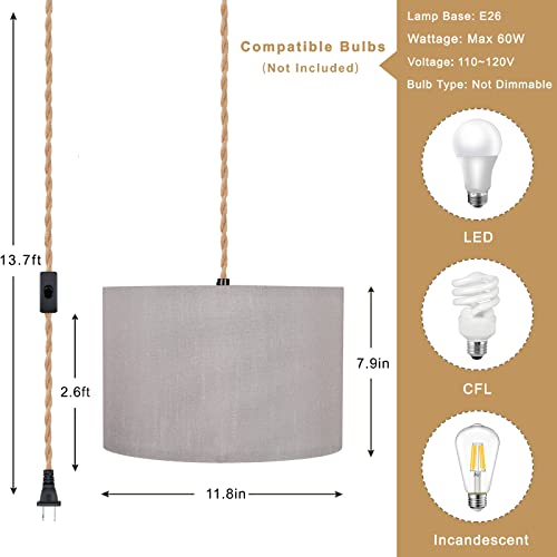 Plug In Pendant Light, Hanging Lamp With 14Ft Hemp Cord Grey Linen Lampshade, On/Off Switch,Boho Hanging Light Fixtures For Bedroom Living Room Kitchen Island #TOP3