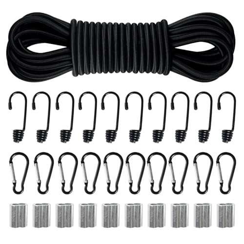 Bungee Cord 6mm x 10m, Elastic Rope Elastic Cord with 10 x Hooks, 10 x Carabiner Clips, 10 x M6 Aluminum Sleeves