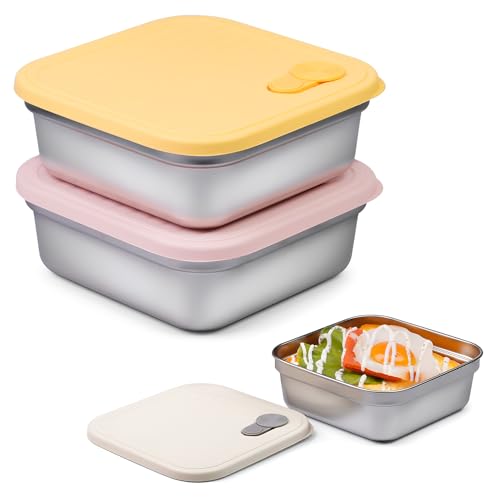 2 Pack Sandwich Containers, 20oz Stainless Steel Sandwich Box with Lids, Reusable Metal Meal Prep Lunch Boxes, BPA-Free, Dishwasher Safe, Food Storage Containers for Snacks & Fruits (Yellow, Pink)