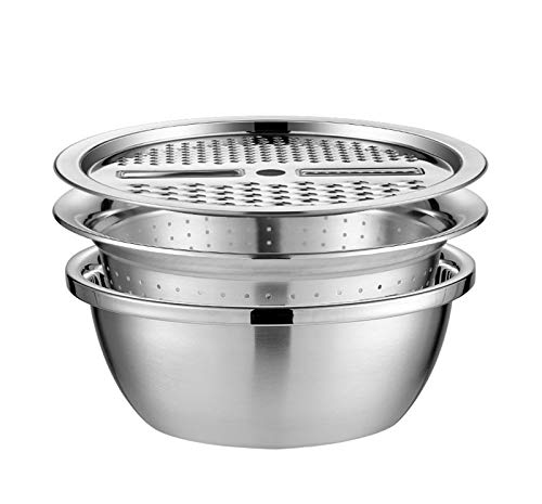 Multifunktionales Reibebecken,Dreiteiliges GemüSewaschbecken, Edelstahl-GemüSeschneider, KüChenreibe, Reiswaschsieb, Ablaufbecken-26/28 cm,26CM
