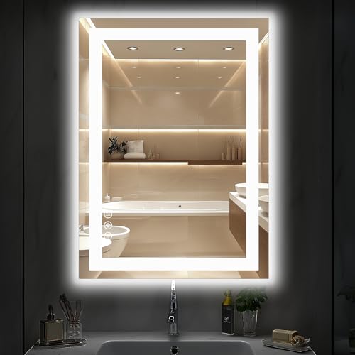 DUMOS Espejo de baño LED de 32 x 25 pulgadas con luces, retroiluminado frontal antivaho, espejos retroiluminados para montar en la pared con función de memoria para tocador, maquillaje