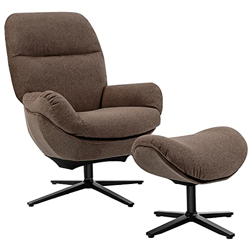 Giantex Swivel Lounge Chair w Ottoman, Upholstered 360 Accent Lazy Recliner Armchair w Rocking Footstool, Aluminum Alloy Base, Comfy Fabric Leisure Sofa Club Chair, Support to 330lbs, Brown