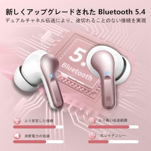 イヤホン bluetooth ワイヤレスイヤホン 【2025年 ENCノイズキャンセリング】Bluetooth5.4 自動ペアリング 接続瞬時 IPX7 防水 最大 40 時間再生 HIFI 音質 タッチ操作 LED ディスプレイ Type-C 急速充電 小型/軽量 マイク付き iPhone/Android/Pad 適用 スポーツ/WEB 会議/通勤/通学 (ローズゴールド)