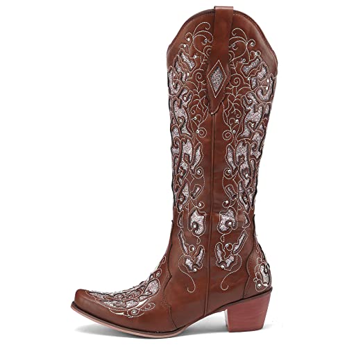 Kluolandi Cowboy Boots for Women Wide Calf Western Knee High Boots with Rhinestone Chunky Heel Embroidered Cowgirl Boots2