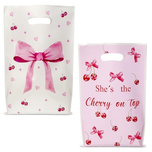 30Pcs Cherry Party Favors Bags - Sweet Pink Bow Printing Candy Treat Plastic Bags for Girls Women Birthday Wedding Baby Shower Party Decorations