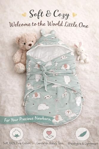 Image of VoiDrop Baby Swaddle Wrap for Newborn 0 to 9 Months, Baby Sleeping Bag with Hood, Muslin Swaddle for All Season, Animal Print-Green