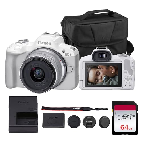 Image of Canon EOS R50 Mirrorless Camera Kit – APS-C RF Camera with 18-45mm Lens, 4K Video, Dual Pixel AF II & Vari-Angle Touchscreen (5812C012) + Shoulder Bag + 64GB Memory Card