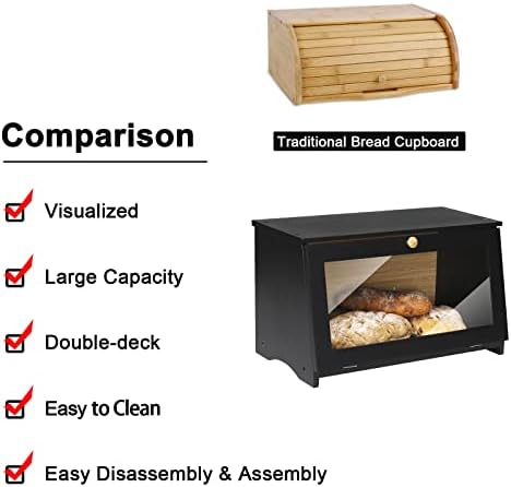 Leader Accessories Bamboo Bread Bin Small Bread Box Food Storage Space for Kitchen Retro 39x21x23cm Black