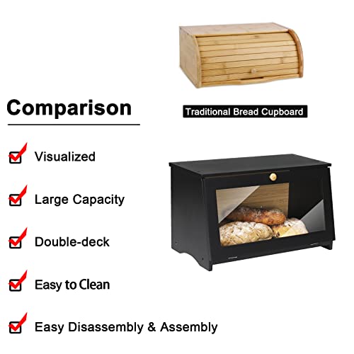 Homekoko Wood Bread Box For Kitchen Counter, Single Layer Bamboo Large Capacity Food Storage Bin (Black) #TOP3