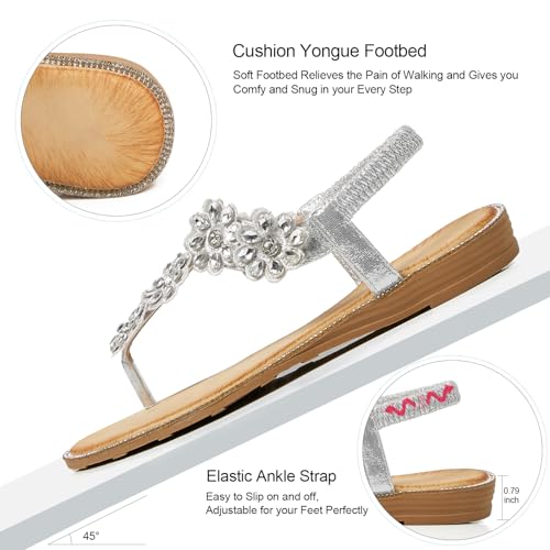 Image of iCKER Women Rhinestone Sandals T-Strap Buckle Bohemian Pearl Crystal Flat Sandals