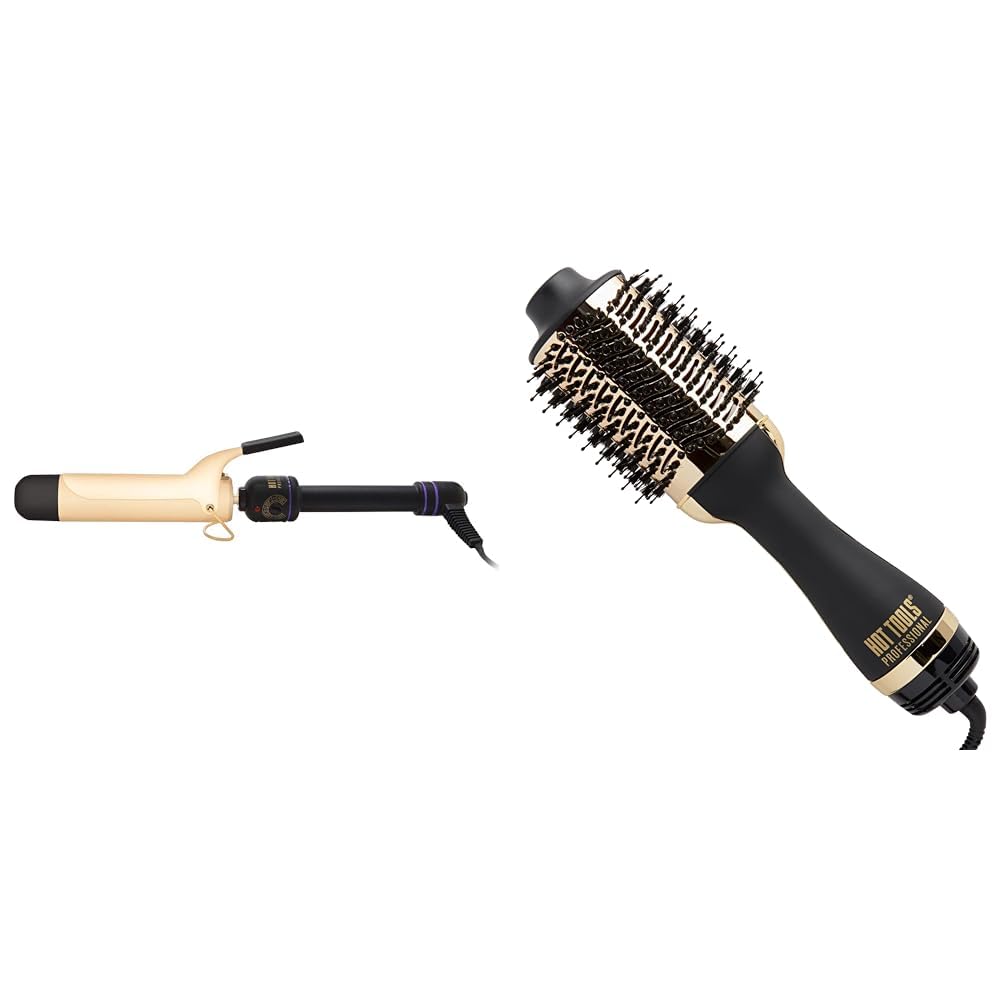 Hot Tools Pro Artist 24K Gold Curling Iron | Long Lasting, Defined Curls (1-1/2 in) & 24K Gold One-Step Hair Dryer and Volumizer | Style and Dry, Professional Blowout with Ease